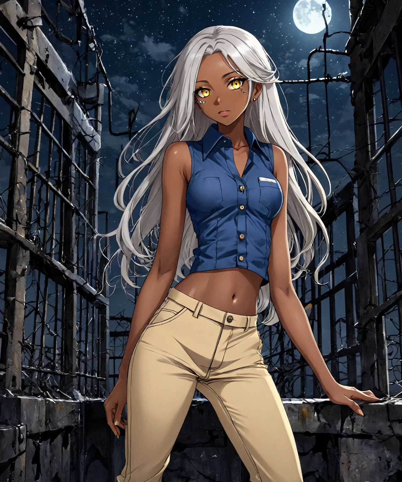 Brown skin beautiful sexy anime girl with long silver hair & yellow eyes, wearing blue sleeveless button up collared shirt & beige khaki pants, inside of a abandoned biomechanical prison in a dark night sky, 1girl, dystopian