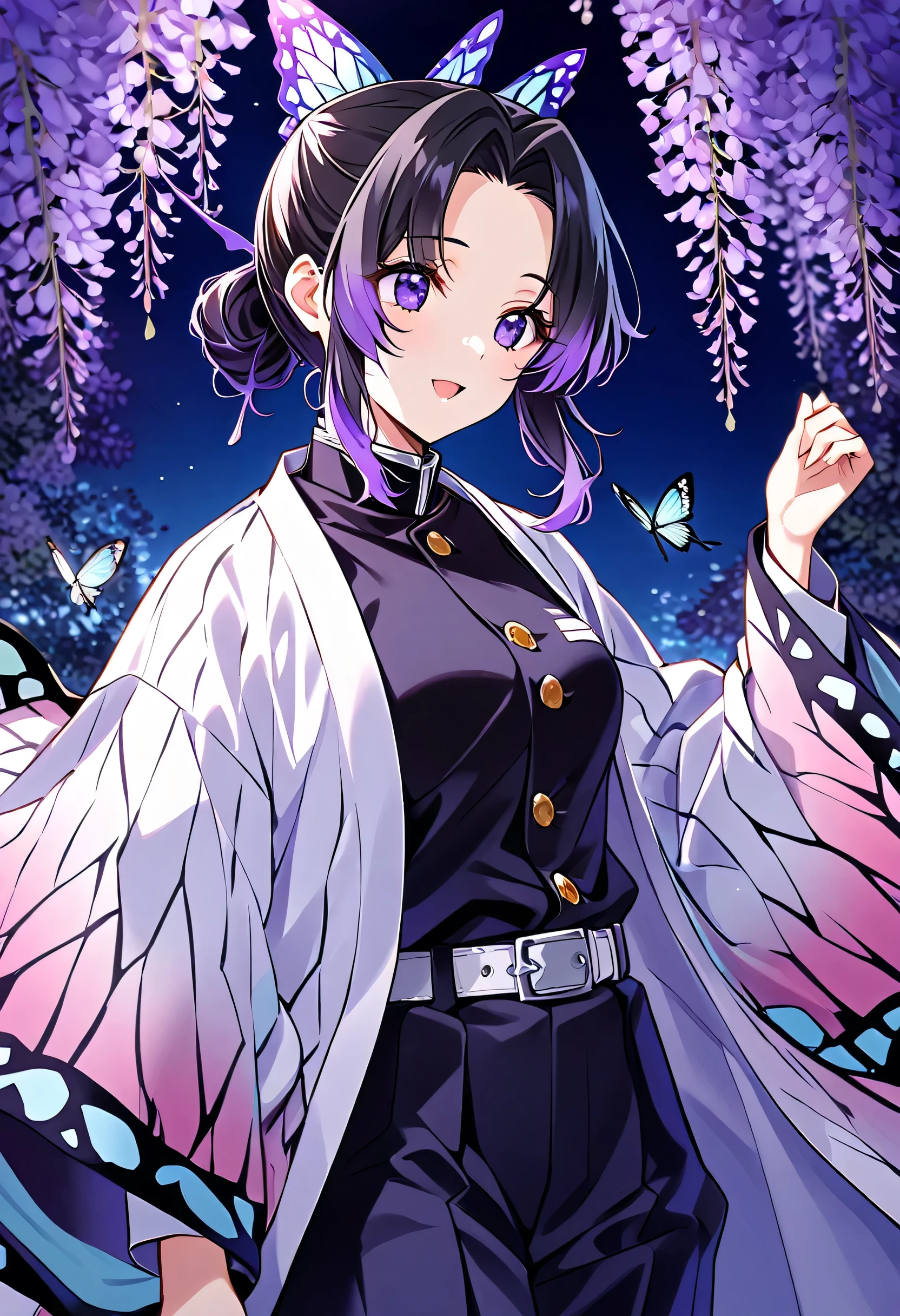 score_9,score_8_up, score_7_up,score_6_up, score_5_up, score_4_up,1girl, shinobu kochou, animal print, black hair, butterfly, butterfly hair ornament, butterfly print, forehead, gradient hair, hair ornament, haori, multicolored hair, parted bangs, purple hair, short hair, two-tone hair,belt, black pants, butterfly print, coat, demon slayer uniform, haori, japanese clothes, pants, uniform,night scene with wisteria flowers