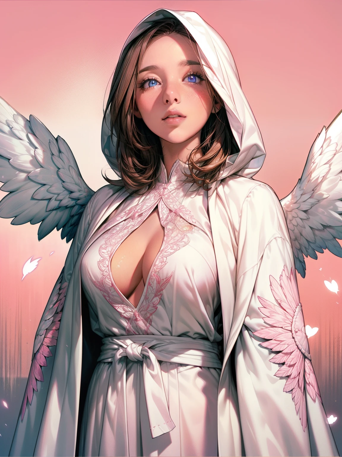 A highly detailed and realistic humanoid angel girl wearing a white noble robe, complex details, football, intricate Griebles artwork, sky in the background, pink, beautiful wings, extremely detailed eyes and lips