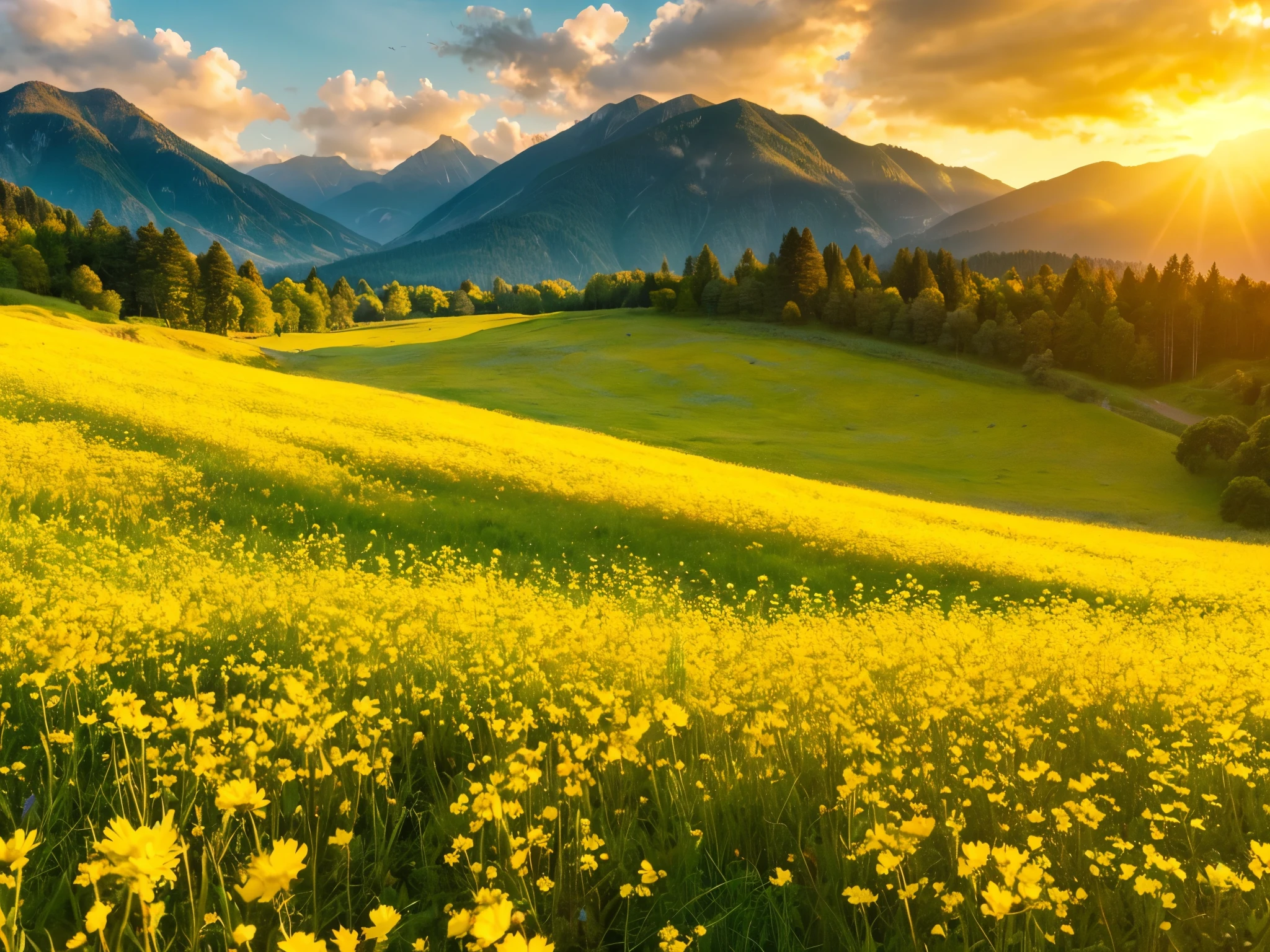 a close up of a field of flowers with a mountain in the background, stunning nature in background, warm beautiful scene, beatiful mountain background, natural landscape beauty, majestic nature scenery, heavenly landscape, yellow radiant magic, really beautiful nature, yellow mist, very beautiful photo, nature wallpaper, breathtaking landscape, golden morning light, beautiful wallpaper, yellow sky, golden rays of sunlight