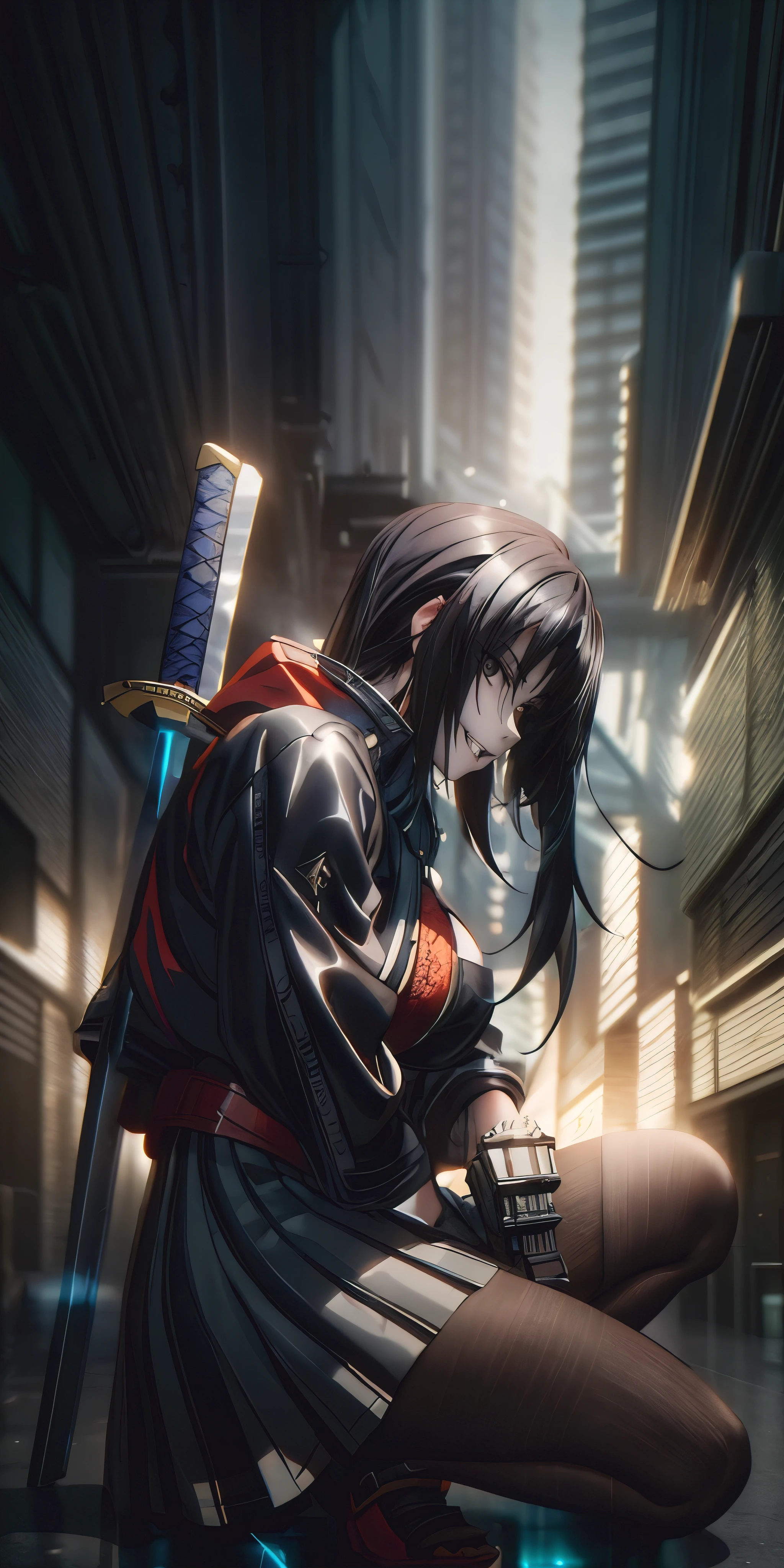 ((black hair, long hair:1.3)), black eyes, pale skin, anatomically correct, heavy breathing, huge breasts, epic art, fantasy, anime girl kneeling down with a sword in her hand, badass anime 8 k, artwork in the style of guweiz, ross tran 8 k, cinematic. by leng jun, 2. 5 d cgi anime fantasy artwork, anime style 4 k, ross tran and wlop, very beautiful cyberpunk samurai, guweiz on artstation pixiv, facing viewer, "glow effects, godrays, Hand drawn, render, 8k, octane render, cinema 4d, blender, dark, atmospheric 4k ultra detailed, cinematic, Sharp focus, big depth of field, Masterpiece, colors, 3d octane render, 4k, concept art, trending on artstation, hyperrealistic, Vivid colors, extremely detailed CG unity 8k wallpaper, trending on CGSociety, Intricate, High Detail, dramatic", (shaded face:1.2), hollow eyes, black eyes, looking at viewer, (heavy breathing:1.2), smirk, upper teeth, 
