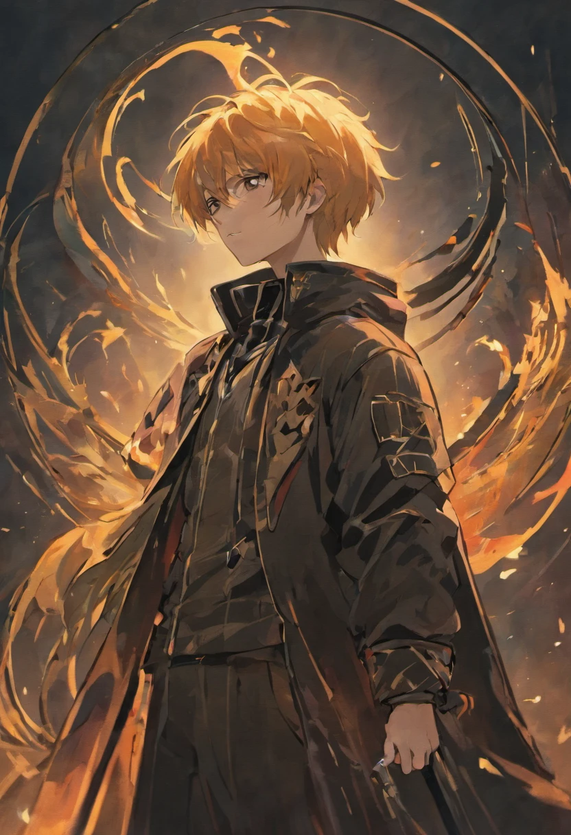 male people,Side Body,sideface,Leaning on the scythe of death,Ark of tomorrow,quadratic element,Abyss,black-clad,eye closeds , sad , white fox