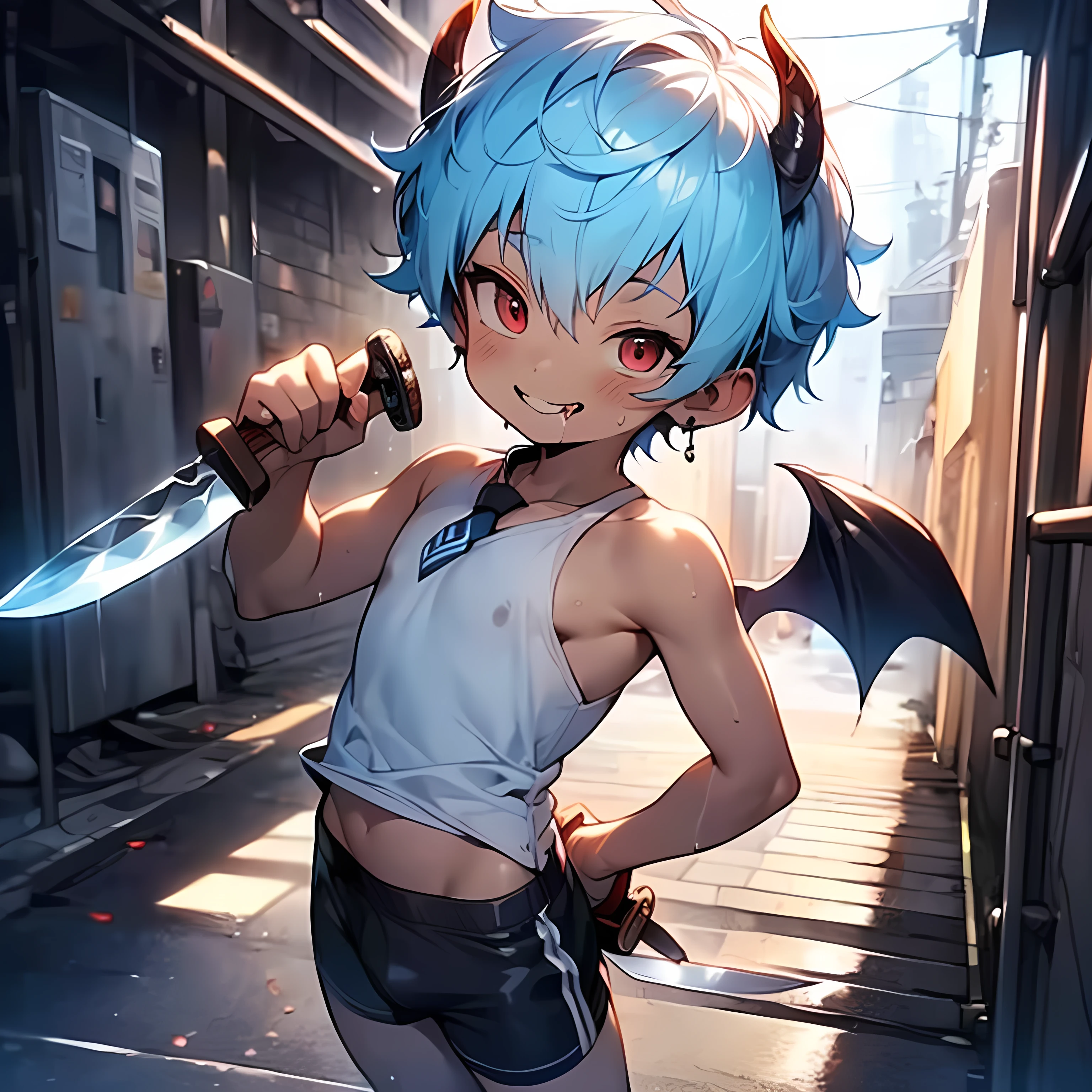 (boldline:-1.6), (arched back:1.3), ((fang)), (holding knife:1.5), (licking knife:1.5), BREAK (with devil wings on back:1.5), BREAK (best quality:1.5), (absolutely resolution), (ultra detailed), (masterpiece), (perfect face), (detailed face), (detailed eyes), (cute face), (shota:1.7), BREAK (white collard shirts), BREAK (wine red necktie), (black short pants), (see throgh wet clothes), (bulge:1.5), (skinny:1.3), (spiked hair), BREAK (light blue hair:1.5), (wine red eyes:1.4), (half close eyes:1.3), (eyes with high light), ((mole under eye)), (sweaty skin), (grin:1.3), (blush:1.2), ((earrings)), (shiny skin:1.3), BREAK (dirty alley:1.5), ((((dust box)))), (flying bat:1.3), (at night), ((wind blowing)), (nipple), wide angle, look down, from below, look at viewer,