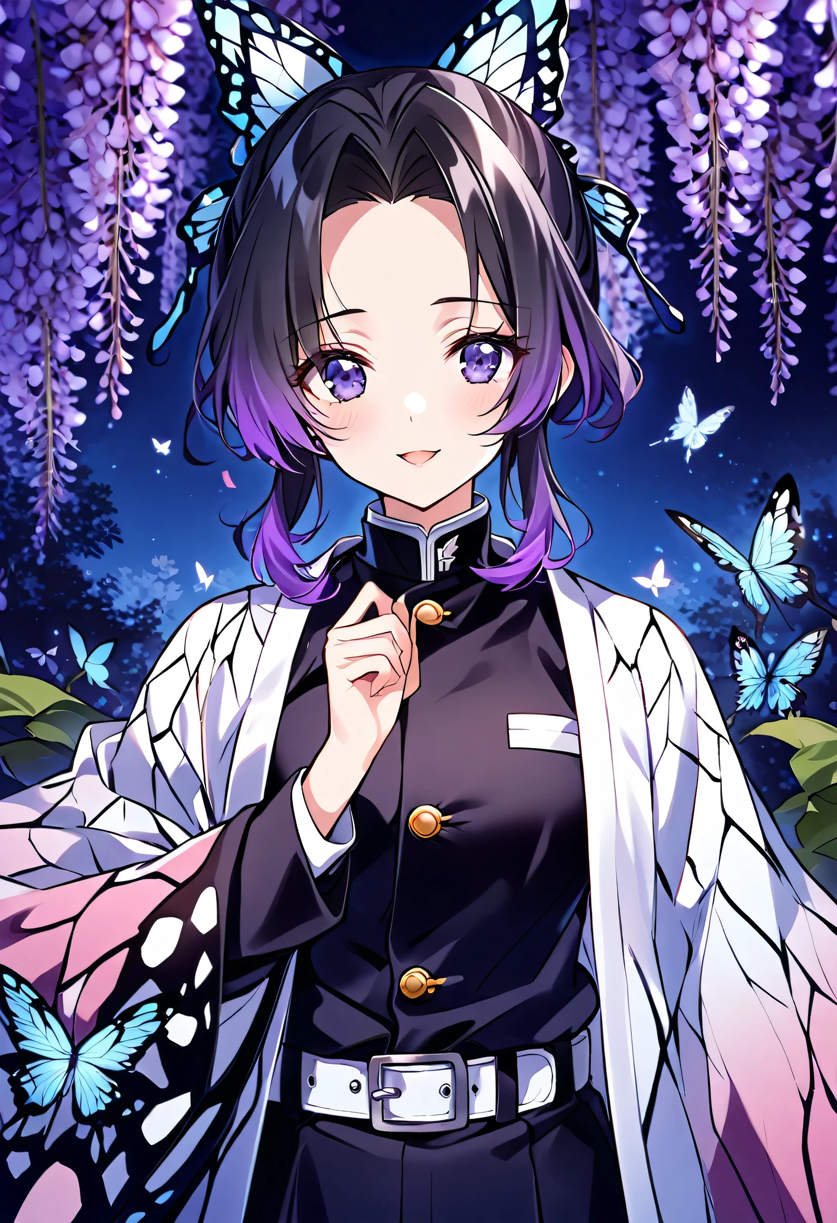 score_9,score_8_up, score_7_up,score_6_up, score_5_up, score_4_up,1girl, shinobu kochou, animal print, black hair, butterfly, butterfly hair ornament, butterfly print, forehead, gradient hair, hair ornament, haori, multicolored hair, parted bangs, purple hair, short hair, two-tone hair,belt, black pants, butterfly print, coat, demon slayer uniform, haori, japanese clothes, pants, uniform,night scene with wisteria flowers