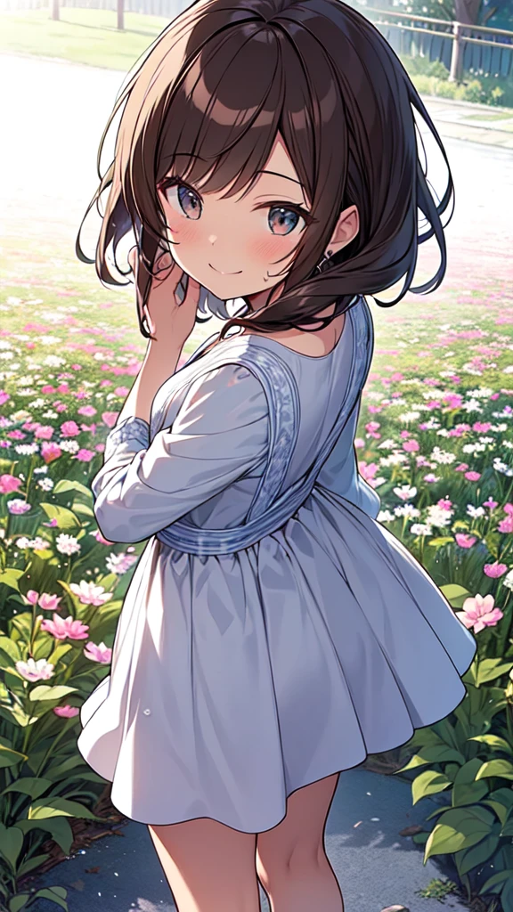 highest quality, masterpiece, Ultra-high resolution, 8k,Spring scenery,((Spring Outfits)),Show anime style , One, Soft Line Art, Digital Enhancement, shojo anime touch, shojo manga core, Flowing fabric, close, Soft Drawing, Ultra-Definition Digital Anime Art, Clear facial depiction, Super detailed girl cartoon character art, Ultra-detailed manga style, highest qualityの色,
(Short brown hair), Wet Hair,Staring at us from the front,Beautiful brown hair, Clear brown eyes, Slightly chubby,Small breasts,The butt is small,(((Teasing Smile))),Hands,Flower Field,Spring flower landscape,Angle that allows you to see all the way to your feet