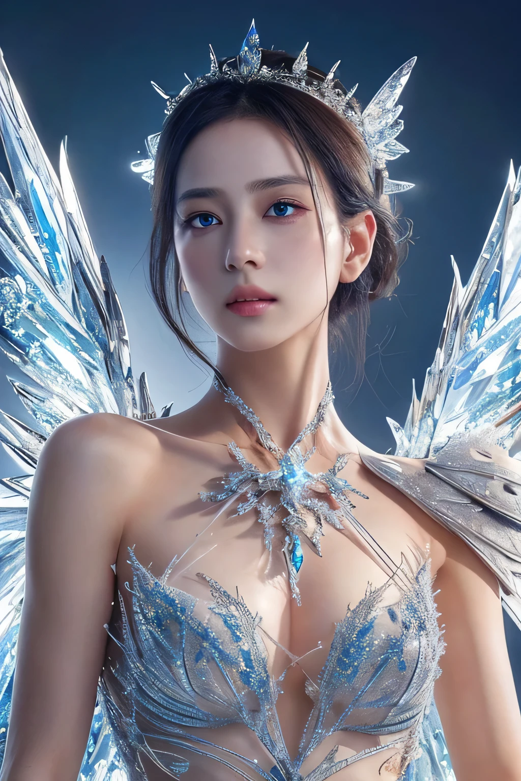 Epic composition,photo realistic,ultra detailed,highly detailed,ray tracing,upper body,1girl,solo,bare shoulders,exquisite face,beautiful eyes,crystal wings,her torn skin revealing the wires inside,crystal components,spark,inners visible,crystal,