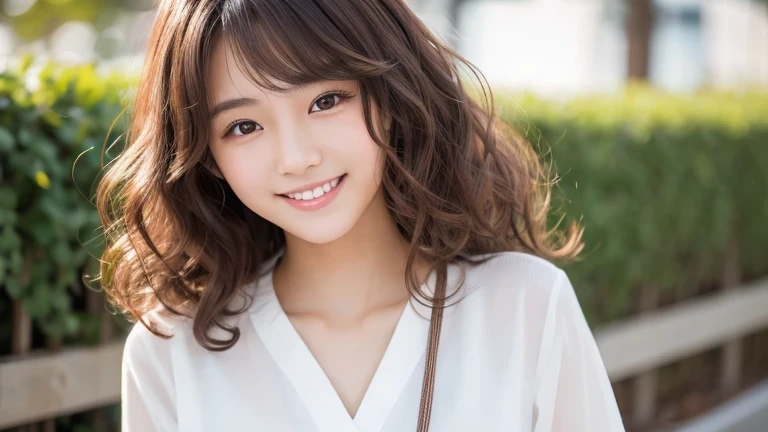 Produce the highest quality and highest resolution 8K images。The model is a 20-year-old Japanese woman.。The image depicts her posing and smiling for the camera.。She has brown eyes and a model figure.、She has an idol-level cute face.。The hair is curly。Skin has a healthy color。Clothes、I&#39;m wearing early summer clothes。