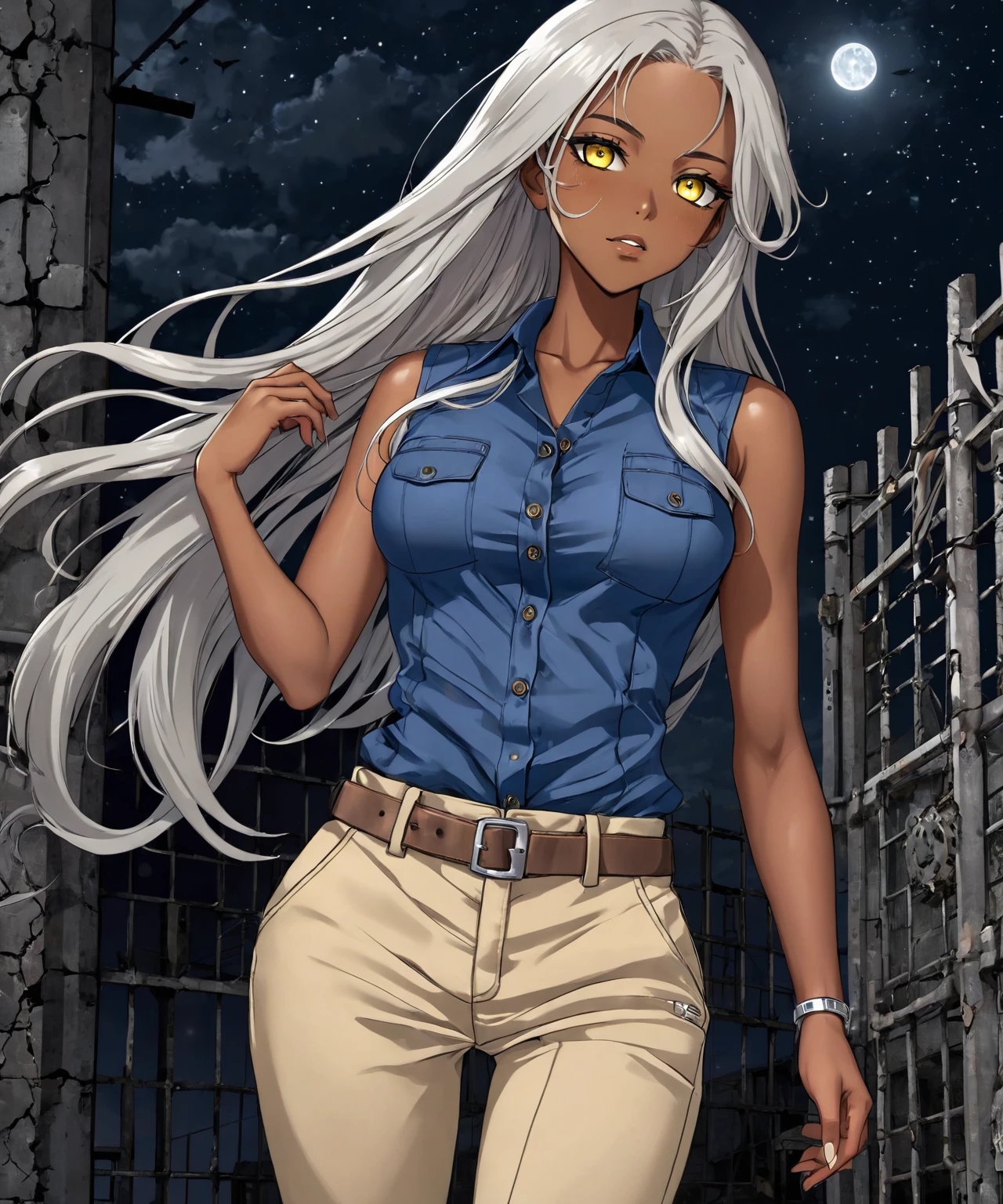 Brown skin beautiful sexy anime girl with long silver hair & yellow eyes, wearing blue sleeveless button up collared shirt & beige khaki pants, inside of a abandoned biomechanical prison in a dark night sky, 1girl, dystopian