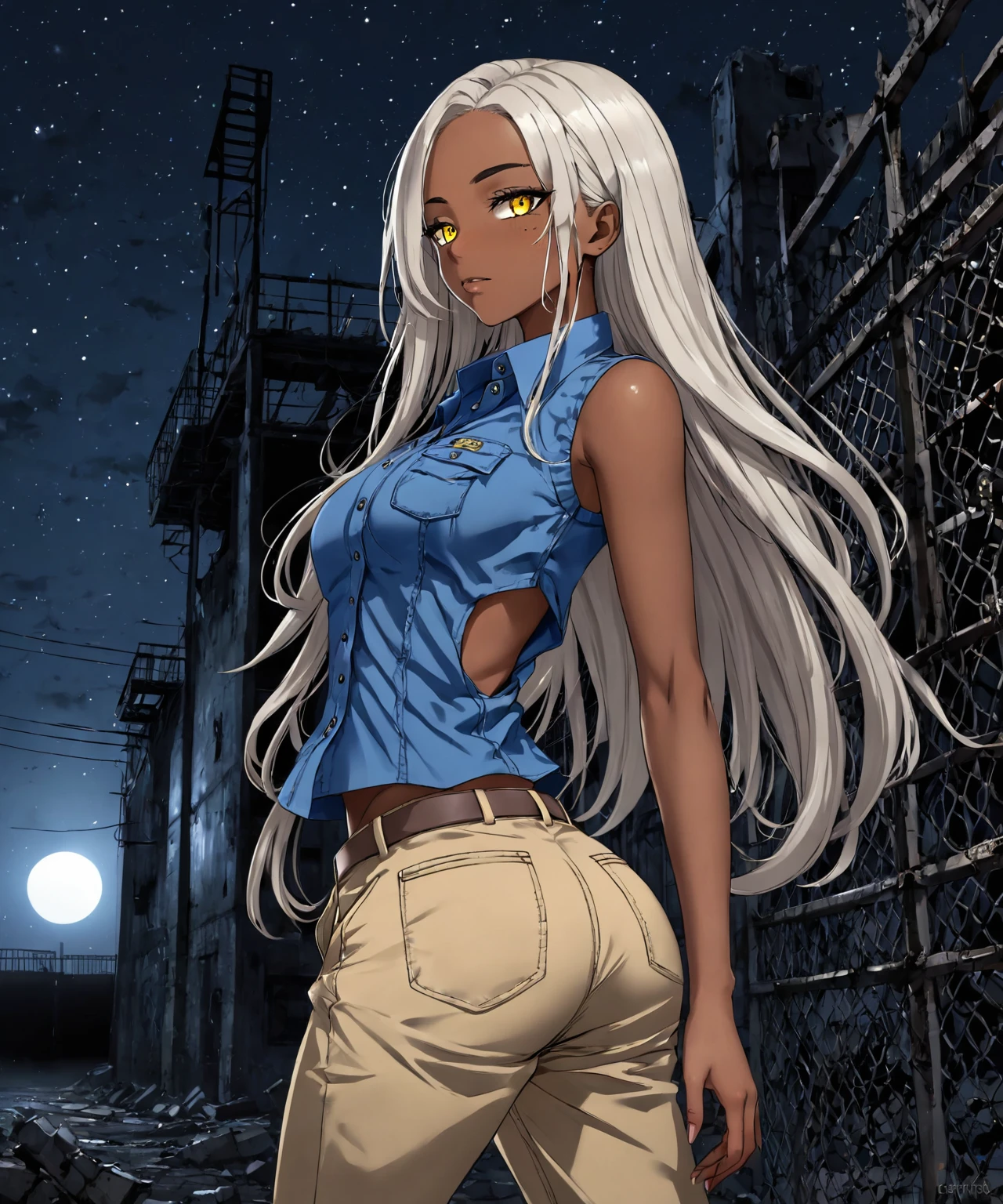 Brown skin beautiful sexy anime girl with long silver hair & yellow eyes, wearing blue sleeveless button up collared shirt & beige khaki pants, inside of a abandoned biomechanical prison in a dark night sky, 1girl, dystopian