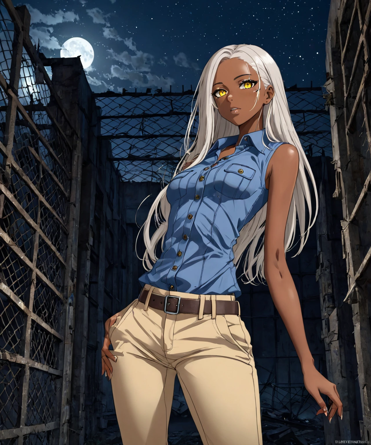 Brown skin beautiful  anime girl with long silver hair & yellow eyes, wearing blue sleeveless button up collared shirt & beige khaki pants, inside of a abandoned biomechanical prison in a dark night sky, 1girl, dystopian