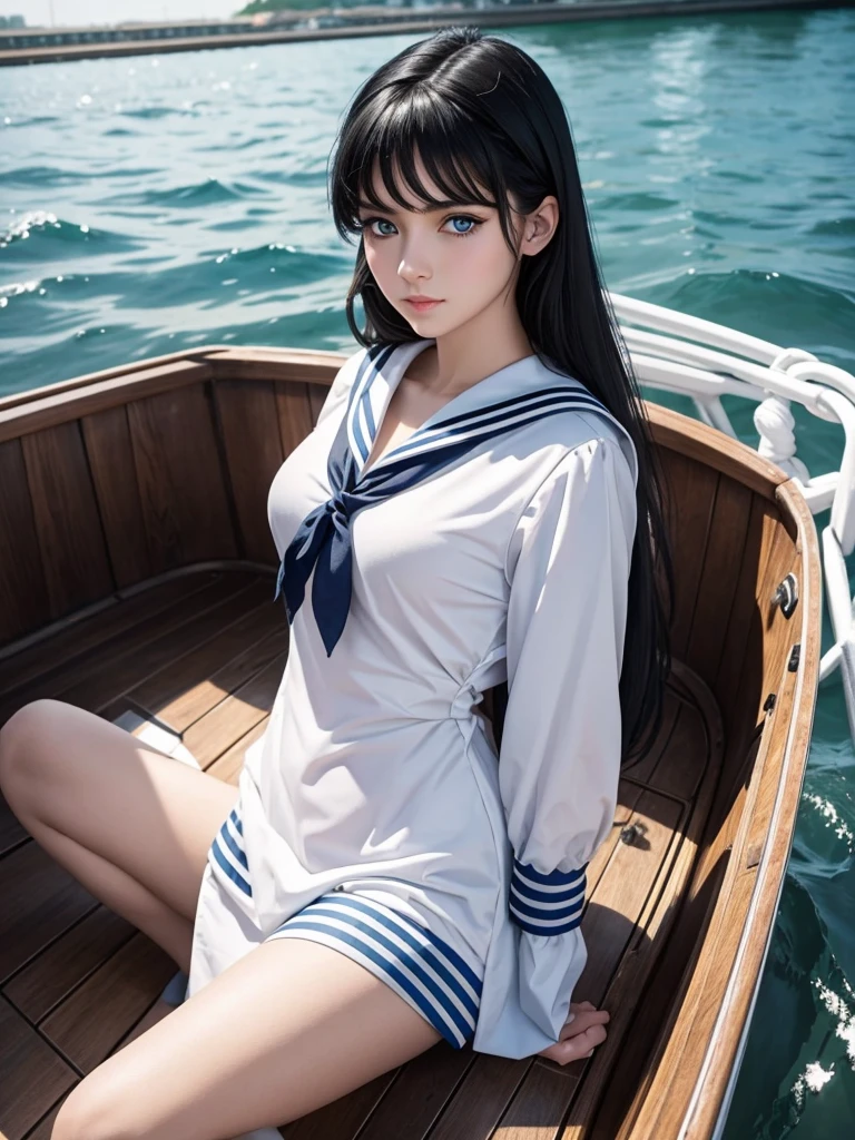 Pin style woman with white skin, black hair and light blue eyes. dressed as a sailor. in a boat