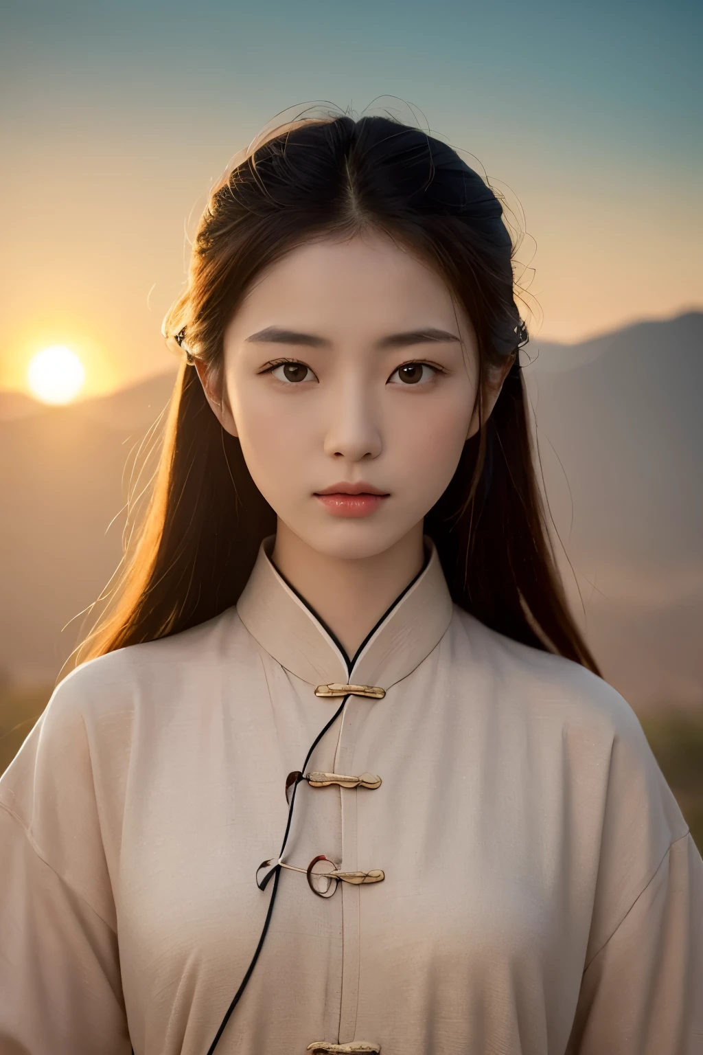 ((best quality)), ((masterpiece)), (detailed), A perfect face. Above the sky, the sun is looking down with its eyes wide open, and below, Chinese people are practicing Tai Chi. Classical China.