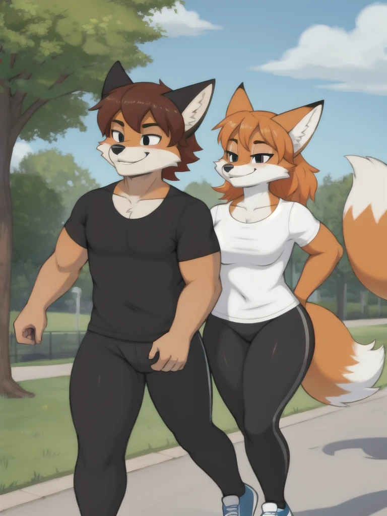 Furry, fox, smile, black leggings, white shirt, jogging with a partner, park,
