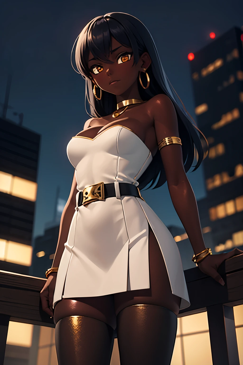 lustrous dark skin, glowing brown eyes, glistening gold, white clothes, strapless dress, short skirt, high-slit skirt, gold choker, gold armlet, gold necklace, gold earrings, gold belt, thigh garter, black tights, city night, view from below