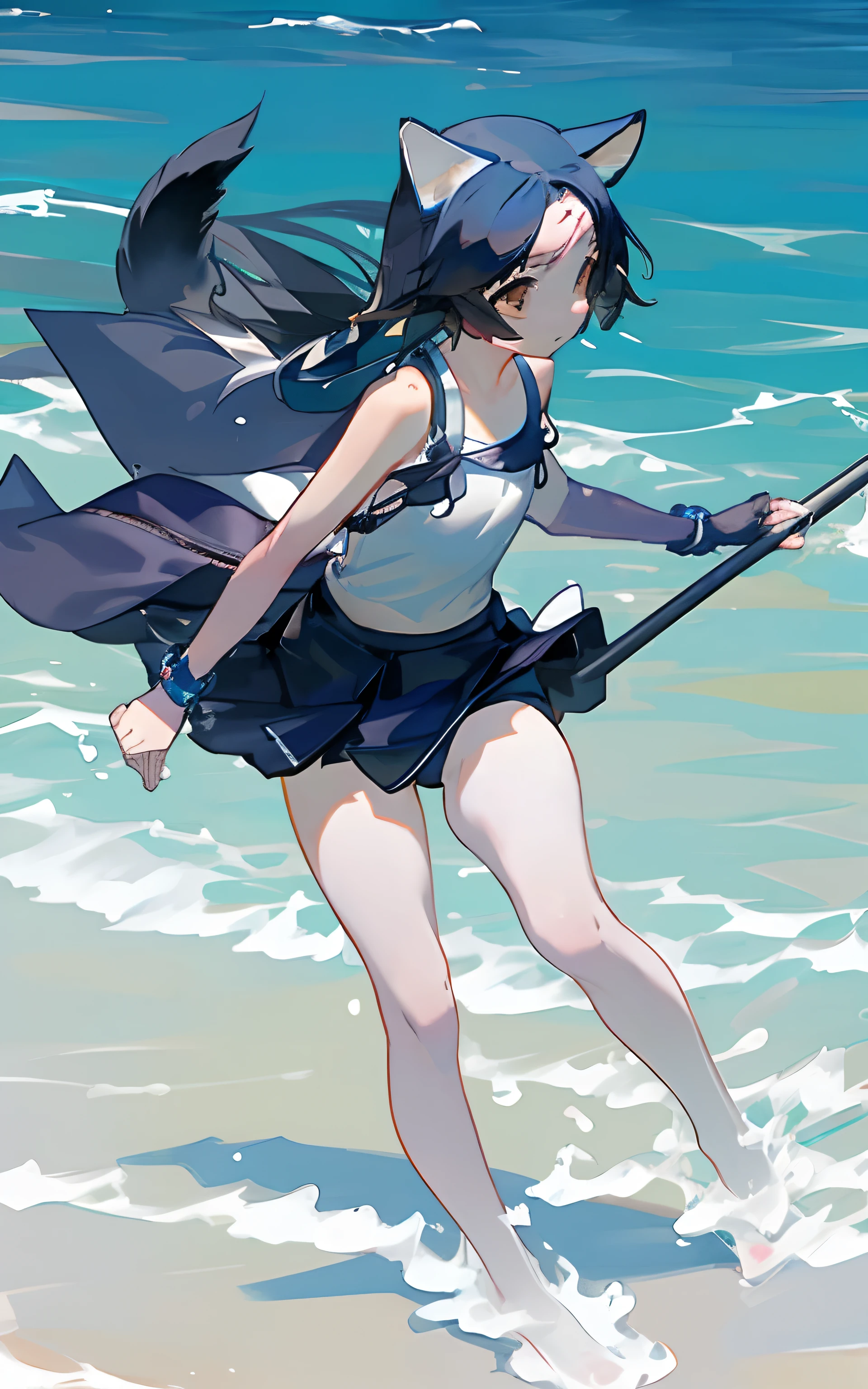 (((Swimwear))),underwear, Seaside, Ocean,Dog Ears, Exposing shoulders,Swim ring，White knee-length stockings，Super Skirt