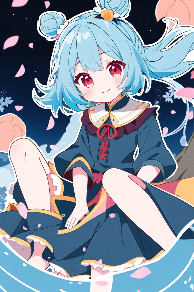 (flat design,hyper cute girl:1.0125),(multicolor,vector art,outline,:1.3401),
(best quality), (masterpiece), incredibly_absurdres, highly detailed, refined rendering, illustration, (highres), original, night_sky,
(close_on:1.2), (close shot), (a girl:1.3) is (sitting on the tree) and soaking feet, [[light smile]], (baby_blue hair), very_long_hair, water inner hair, little double bun, (beautiful detailed eyes), (red eyes), floating ribbon,
(peach blossom), flowers, (flower) tree, Petals on water, floating Petals, [[full moon]]