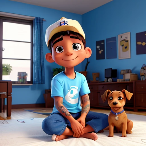 - A young man is sitting on a bed, wearing a cap that says "Lakers", uma camiseta preta e jeans claros. The person has visible tattoos on both arms, que parecem ser de estilo tribal e floral. A light yellow dog with darker spots is being hugged by the person; the dog looks directly at the camera with a happy expression. They are sitting on a blue quilt adorned with white floral designs, que contrastam com a cor escura da roupa da pessoa e do pelo do cachorro. In the background you can see part of a bright room and windows overlooking an urban landscape..