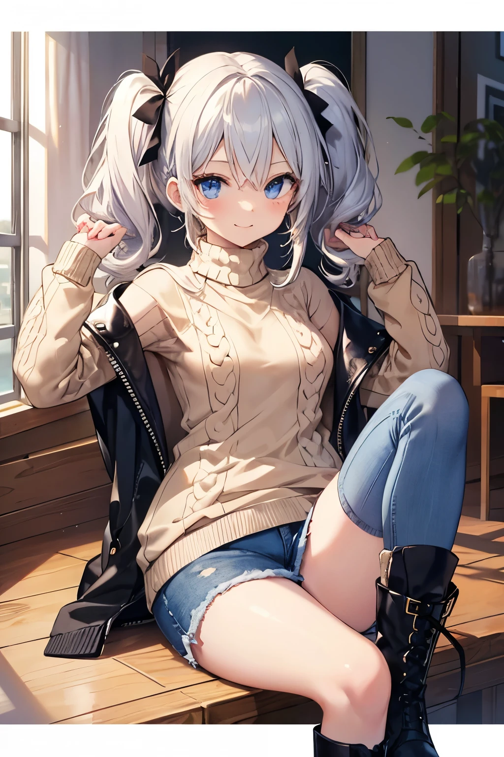 Silver Hair、Blue Eyes、girl、Small breasts、Twin tails、girl、Small breasts、Lolita、Bright smile、Looks about 、Petan Musume、short、目のhighlight、Sexy thighs、(Long knit sweater with beige high neck:1.4), ,(Blue jeans fabric shorts),(Black boots)、(Small Black Enamel Bag)、Your eyes are so beautiful、highlight