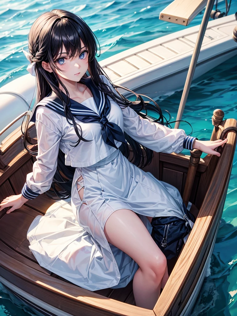 Pin style woman with white skin, black hair and light blue eyes. dressed as a sailor. in a boat
