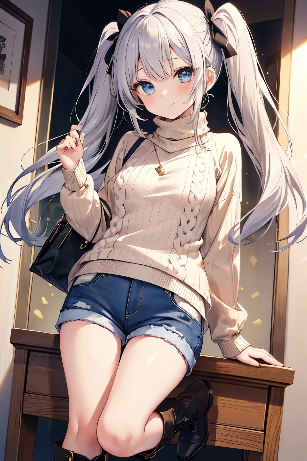 Silver Hair、Blue Eyes、girl、Small breasts、Twin tails、girl、Small breasts、Lolita、Bright smile、Looks about 15 years old、Petan Musume、short、目のhighlight、Sexy thighs、(Long knit sweater with beige high neck:1.4), ,(Blue jeans fabric shorts),(Black boots)、(Small Black Enamel Bag)、Your eyes are so beautiful、highlight