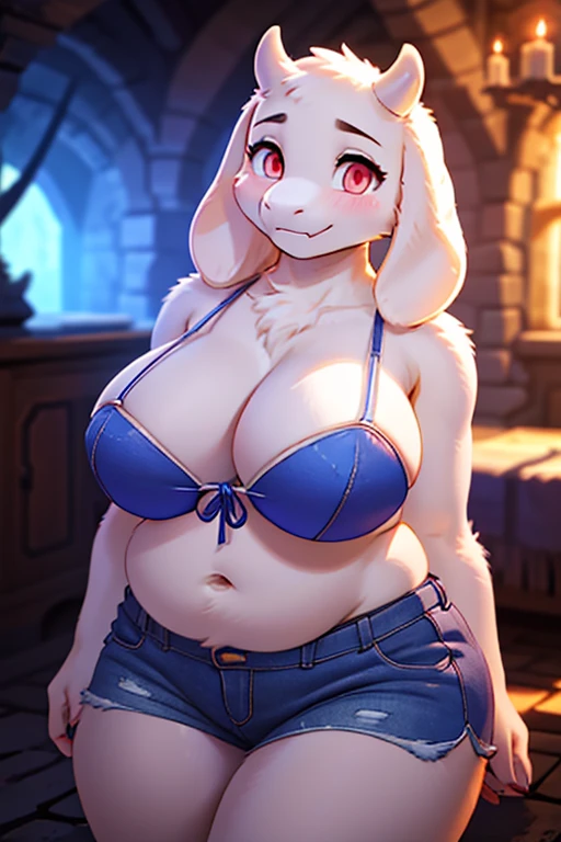((sfw)), character from Undertale Toriel, goat Furry, Beautiful cute face, Innocent, Charming, Sexually calm facial expression, Facing the camera, The body is covered with wool, Skin color: white, Body glare, ((pretty eyes)), red-eyes, ((Perfect Sexy Figure)), Curvy Perfect Body Shapes, big thighs, ((Subtle and beautiful)), ((Sexy Fantasy Clothing)), Sexually seductive position, Full-length, Dark castle cave inside background, Depth of field, ((ultra quality)), ((tmasterpiece)), clear image, crisp details, Realistic, Professional Photo Session, Clear Focus, the anime, Colorfully drawn, big breasts, blue bikini top, midriff, jean shorts, blushing, big belly