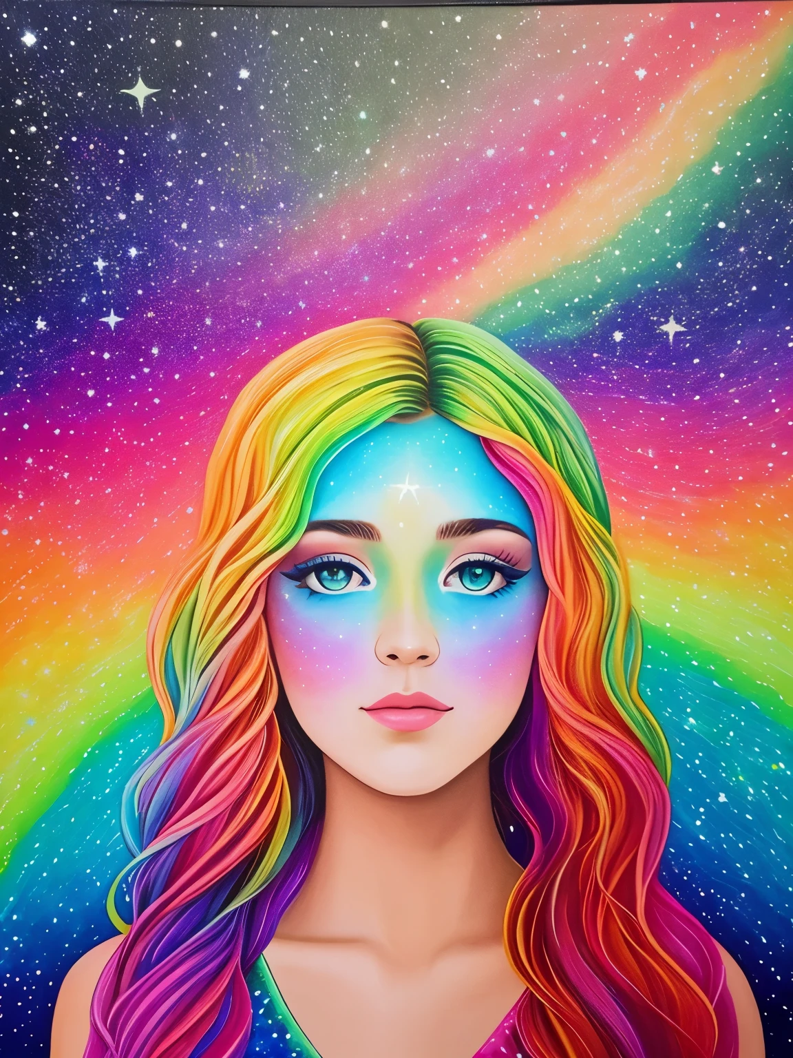 a painting of a colorful sky with stars and a lake, ✏️🎨, rainbow aurora, infused with aurora borealis, detailed acrylic painting, astral aurora, jen bartel, acrylic paint on canvas, beautiful aesthetic art, with aurora borealis in the sky, “ femme on a galactic shore, intricate oil pastel glow, psychedelic sky, acrylic painting on oiled canvas