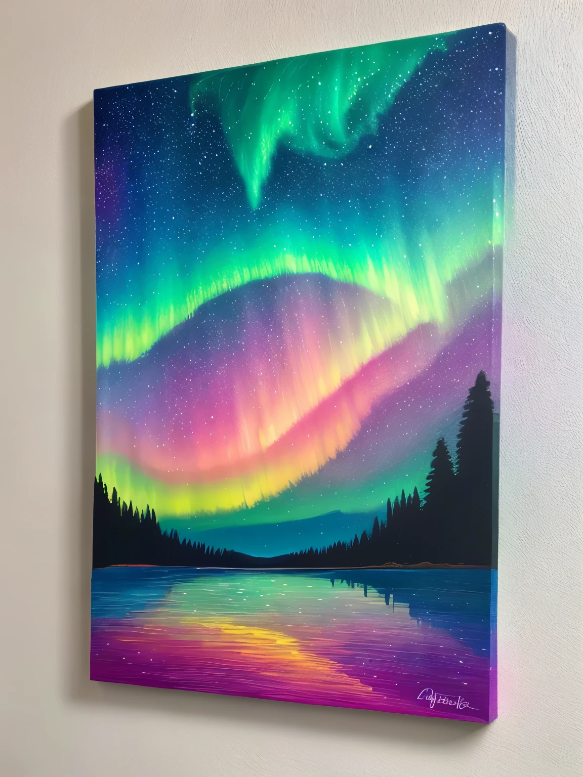 a painting of a colorful sky with stars and a lake, ✏️🎨, rainbow aurora, infused with aurora borealis, detailed acrylic painting, astral aurora, jen bartel, acrylic paint on canvas, beautiful aesthetic art, with aurora borealis in the sky, “ femme on a galactic shore, intricate oil pastel glow, psychedelic sky, acrylic painting on oiled canvas