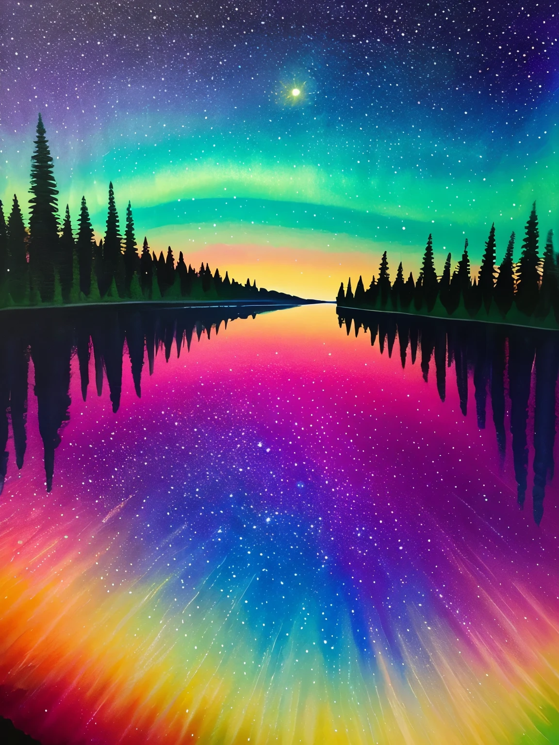a painting of a colorful sky with stars and a lake, an acrylic painting by Whitney Sherman, tumblr, psychedelic art, ✏️🎨, rainbow aurora, infused with aurora borealis, detailed acrylic painting, astral aurora, jen bartel, acrylic paint on canvas, beautiful aesthetic art, with aurora borealis in the sky, “ femme on a galactic shore
