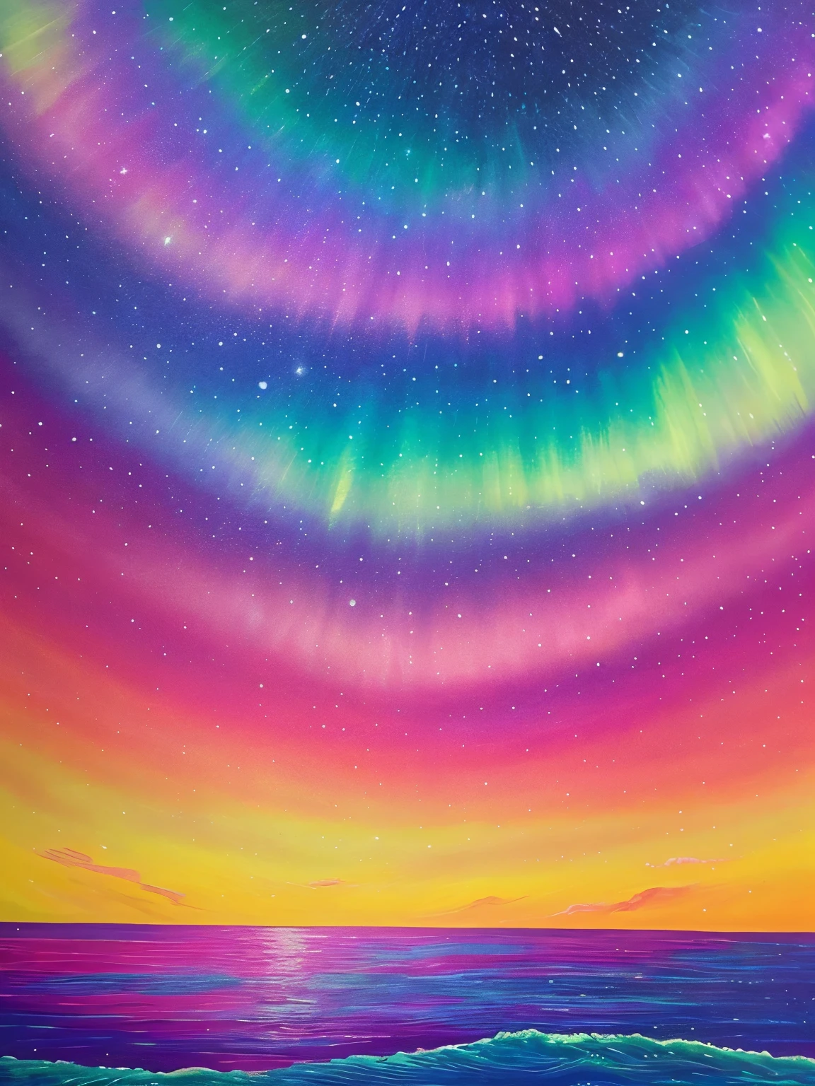 a painting of a colorful sky with stars and a lake, an acrylic painting by Whitney Sherman, tumblr, psychedelic art, ✏️🎨, rainbow aurora, infused with aurora borealis, detailed acrylic painting, astral aurora, jen bartel, acrylic paint on canvas, beautiful aesthetic art, with aurora borealis in the sky, “ femme on a galactic shore