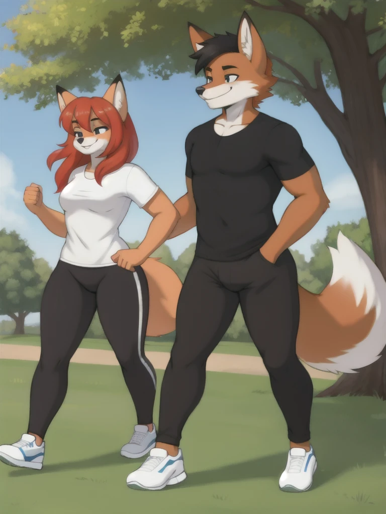 Furry, fox, smile, black leggings, white shirt, jogging with a partner, park, teen