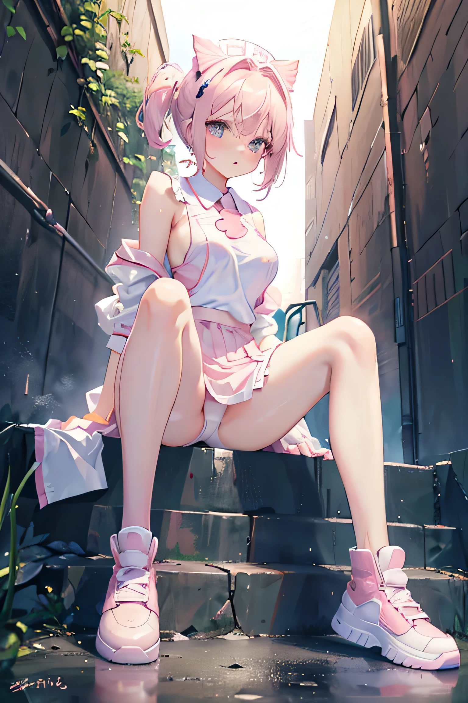 Cute anime girl,White short hair,The character crouches,Wear a pink miniskirt,The chest is prominent and has contours,Nipple protrusion,Showing side breast,Nurse uniform,Translucent clothing,Clothes are tight,Body Contouring,,Low collar,One leg stretched towards the camera,Thinner legs,White swimming briefs,Wearing pink over-the-knee sneakers,Short Ponytail,Lift one foot forward,Sole facing the camera,Close-up of boots,Open your legs,The camera is aimed between the legs