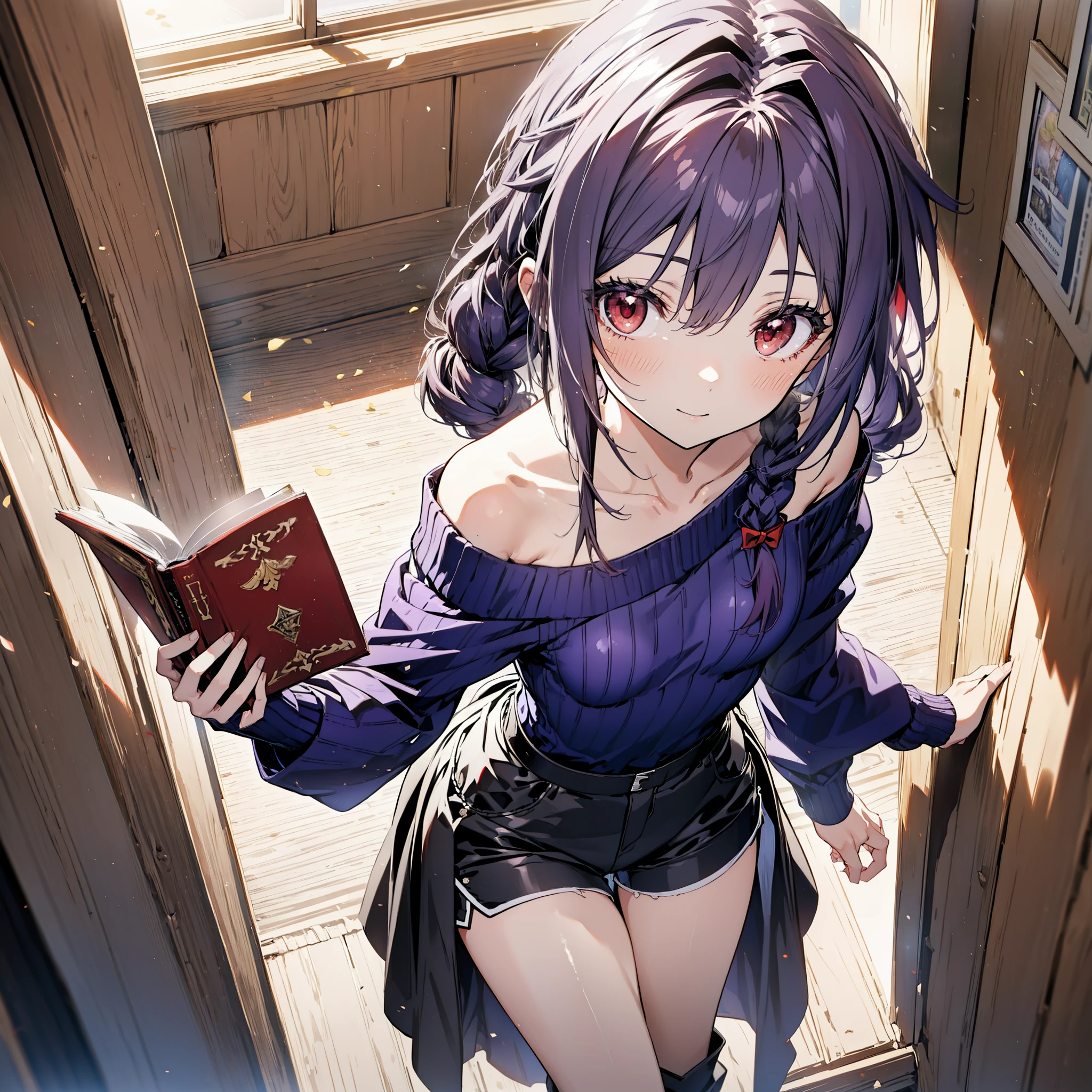 yuukikonno, Konno Yuuki, hair band, Long Hair, Pointed Ears, Purple Hair, (Red eyes:1.5), (Small breasts:1.2), Close your mouth,smile、,Long braids,Black-rimmed glasses,Oversized one-shoulder sweater,Shorts,short boots,Holding a book in both arms,
break looking at viewer, whole body,(Cowboy Shot:1. 5)
break indoors, figure書館,
break (masterpiece:1.2), highest quality, High resolution, unity 8k wallpaper, (figure:0.8), (Beautiful fine details:1.6), Highly detailed face, Perfect lighting, Highly detailed CG, (Perfect hands, Perfect Anatomy),