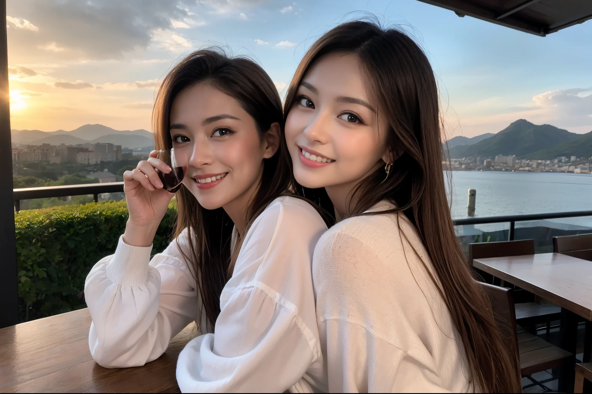 ((highest quality、8k、masterpiece:1.3))、1 male、1 female、Couple、Spouse、石原さとみ似美女Couple、The body is slim、((Bob Hale、Straight hair:1.2)), (Realistic, Intricate details:1.2), テーブルの上のwine glass、Put the light on your face、 Amazing view of the sunset sky and clouds、Amazing mountain views、A bright smile、The wonderfulness of smile、Bright image、The beauty of wine, Beautiful Face, blue eyes, The light shines on your face, Blushing, short hair,Bright Face、 (43 years old), 39 years old, red wine 、Appetizers、Italian food、Wine bottle、Champagne、sparkling wine、Two beauties、Brown Hair、Shortcuts、Long sleeve shirt、dress、Pretty Woman 1, (slimな顔), (The body is slim), (Brown Hair), (Shortcuts), cheeks turn a little red,Attractive beauty、restaurant, In a prominent place (From the waist up) Nova Frog Style, actress, model, Upper Body, White wine, slim, wine glass, 中央に置かれたwine glass, smile, (smile: 1.15), Beautiful fine grain, Depth f/2,saturation, High Contrast, Strong light and shadow,Moist Body:1.5、3D texture、Delicate eyes、Brown Hair、The hair is very shiny、