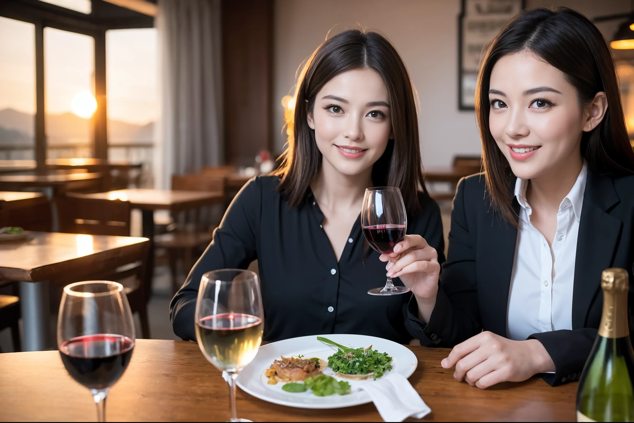 ((highest quality、8k、masterpiece:1.3))、1 male、1 female、Couple、Spouse、石原さとみ似美女Couple、The body is slim、((Bob Hale、Straight hair:1.2)), (Realistic, Intricate details:1.2), テーブルの上のwine glass、Put the light on your face、 Amazing view of the sunset sky and clouds、Amazing mountain views、A bright smile、The wonderfulness of smile、Bright image、The beauty of wine, Beautiful Face, blue eyes, The light shines on your face, Blushing, short hair,Bright Face、 (43 years old), 39 years old, red wine 、Appetizers、Italian food、Wine bottle、Champagne、sparkling wine、Two beauties、Brown Hair、Shortcuts、Long sleeve shirt、dress、Pretty Woman 1, (slimな顔), (The body is slim), (Brown Hair), (Shortcuts), cheeks turn a little red,Attractive beauty、restaurant, In a prominent place (From the waist up) Nova Frog Style, actress, model, Upper Body, White wine, slim, wine glass, 中央に置かれたwine glass, smile, (smile: 1.15), Beautiful fine grain, Depth f/2,saturation, High Contrast, Strong light and shadow,Moist Body:1.5、3D texture、Delicate eyes、Brown Hair、The hair is very shiny、