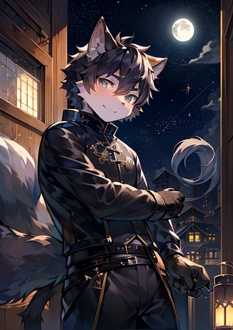 (Starry_Sky, moon, new moon_moon, night_Sky, night, shooting_Star, Sky, galaxy, Starry_Sky_,Antique architecture,Tang Dynasty,ink,Ink printing), male_key point,Broken black cube,Floating black cannon,,hairy, 1 boy,Cat, (detailed_background,amazing_background),Gray fur, Cat男孩, Simple black Tang suit,simple, Cat尾巴,(Many Tails), Gray eyes, Dark hair,detailed face,detailed eyes,Head tilt, from the side, SFW,