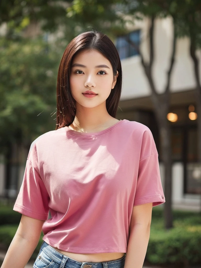 Close-up of woman in red shirt and jeans, Wear simple, tight-fitting clothing., wearing Cropด้านบน, Photo of a thin young model, Instagram model, Thin waist and thick hips, The shirt is tight., With a torn cropped t-shirt, Asian girl, Crop, Casual clothes, Casual wear, Female model, 2 s old, Cropด้านบน, Wear a cute shirt.