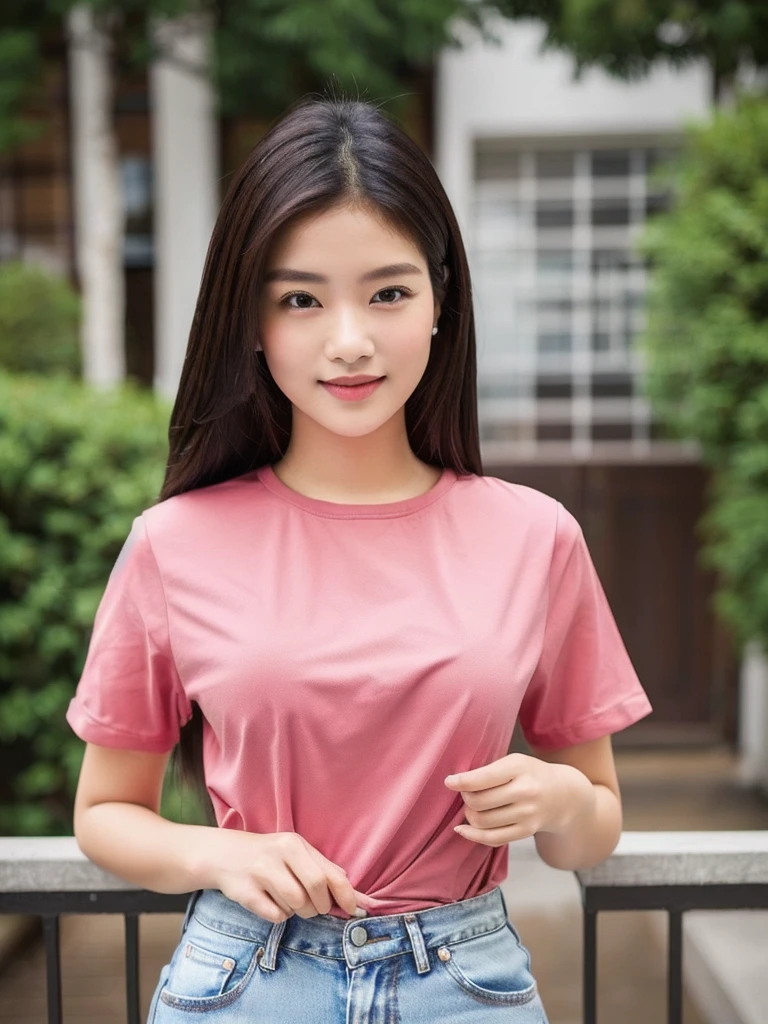 Close-up of woman in red shirt and jeans, Wear simple, tight-fitting clothing., wearing Cropด้านบน, Photo of a thin young model, Instagram model, Thin waist and thick hips, The shirt is tight., With a torn cropped t-shirt, Asian girl, Crop, Casual clothes, Casual wear, Female model, 2 , Cropด้านบน, Wear a cute shirt.