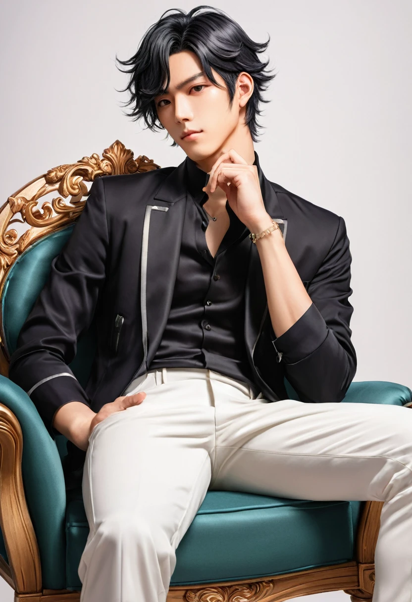 anime man sitting in a chair with his hand on his chin, handsome anime pose, inspired by Bian Shoumin, official illustration, shigenori soejima illustration, anime portrait of a handsome man, handsome guy in demon slayer art, official art, official character illustration, young anime man, delicate androgynous prince, official character art, highly detailed exquisite fanart