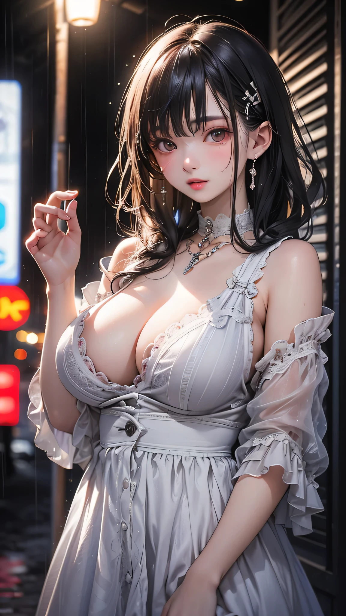 One girl, 18-year-old, Mix 4, (8k, RAW Photos, highest quality, masterpiece:1.2), (Realistic, photoRealistic:1.37), cute, night, rain, Humidity, Professional Lighting, Photon Mapping, Radio City, Physically Based Rendering, Super Resolution, (Big Breasts:1.2)