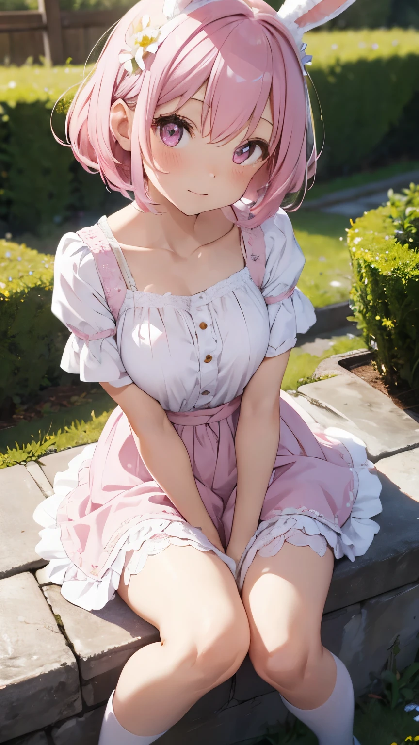 highest quality, pretty girl, pastel colour, Fluffy bunny ears, Pink hair short bob,Pale pink eyes,garden,flower