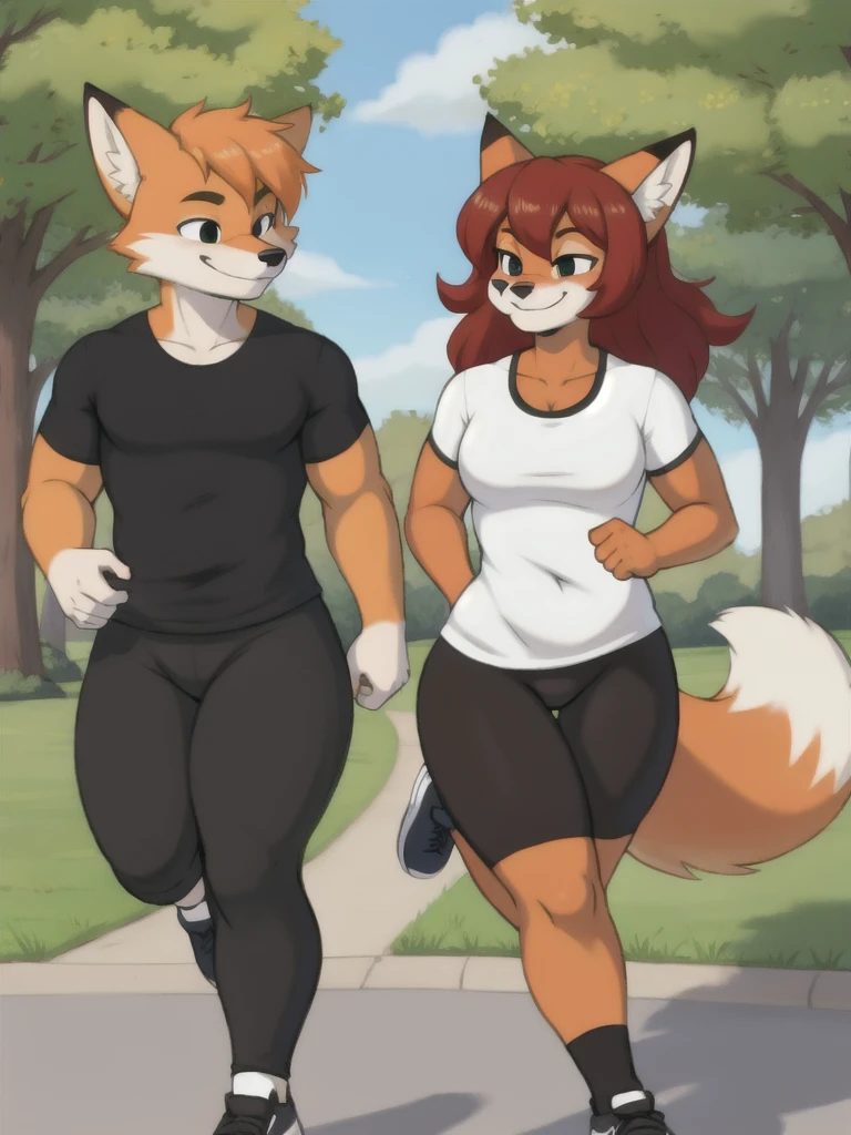 Furry, fox, smile, black leggings, white shirt, jogging with a partner, park, teen