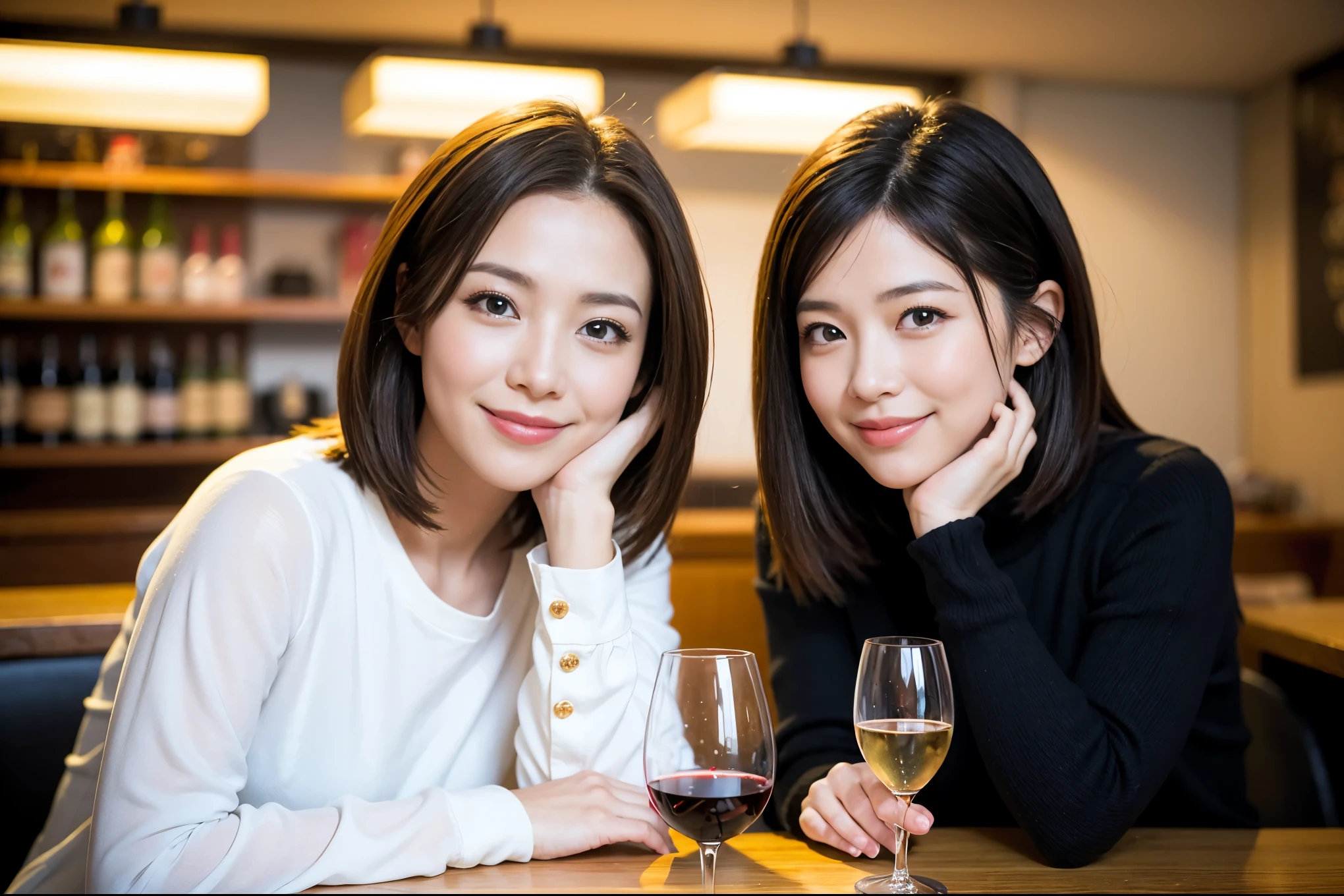 ((highest quality、8k、masterpiece:1.3))、1 male、1 female、石原さとみ似美女Couple、Spouse、Couple、The body is slim、((Bob Hale、Straight hair:1.2)), (Realistic, Intricate details:1.2), テーブルの上のwine glass、Shine light on your face、 Amazing view of the sunset sky and clouds、Amazing mountain views、A bright smile、The wonderfulness of smile、Bright image、The beauty of wine, Beautiful Face, blue eyes, The light shines on your face, Blushing, short hair,Bright Face、 (Age 37), "41 years old, red wine 、Appetizers、Italian food、Wine bottle、Champagne、sparkling wine、Two beauties、Brown Hair、Shortcuts、Long sleeve shirt、dress、Pretty Woman 1, (slimな顔), (The body is slim), (Brown Hair), (Shortcuts), cheeks turn a little red,Attractive beauty、restaurant, In a prominent place (From the waist up) Nova Frog Style, actress, model, Upper Body, White wine, slim, wine glass, 中央に置かれたwine glass, smile, (smile: 1.15), Beautiful fine grain, Depth f/2,saturation, High Contrast, Strong light and shadow,Moist Body:1.5、3D texture、Delicate eyes、Brown Hair、The hair is very shiny、