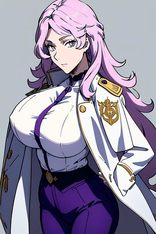 masterpiece, best quality,charlotte, (white long coat), coat on shoulders,white navy soldier uniform ,(epaulettes), purple shirt, blue pants, body, looking at viewer, large breasts ,(hd), (close up full body shot), (high resolution)