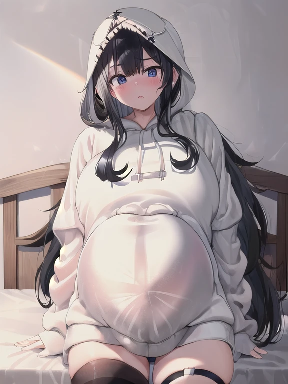 (masterpiece:1.3), (Absurd:1.3), (highest quality:1.3), The Hands of Guido Daniele, (Very detailed:1.3), (Best Shadow:0.7), (Processed Hair), One girl, alone, S1, aizawa ema, , (gigantic Breasts:1.7), (pregnant:1.4), (thick thighs:0.3), (Black hair:1.8), Asymmetrical bangs, Blunt bangs, blue eyes, (white hoodie:1.4), (hood down:1.8), no bra, (nipple shape:1.0), (simple black thighhighsocks:1.2), cute face, panic face, (embarrassed:1.2), in the bed room, beside the bed, standing,