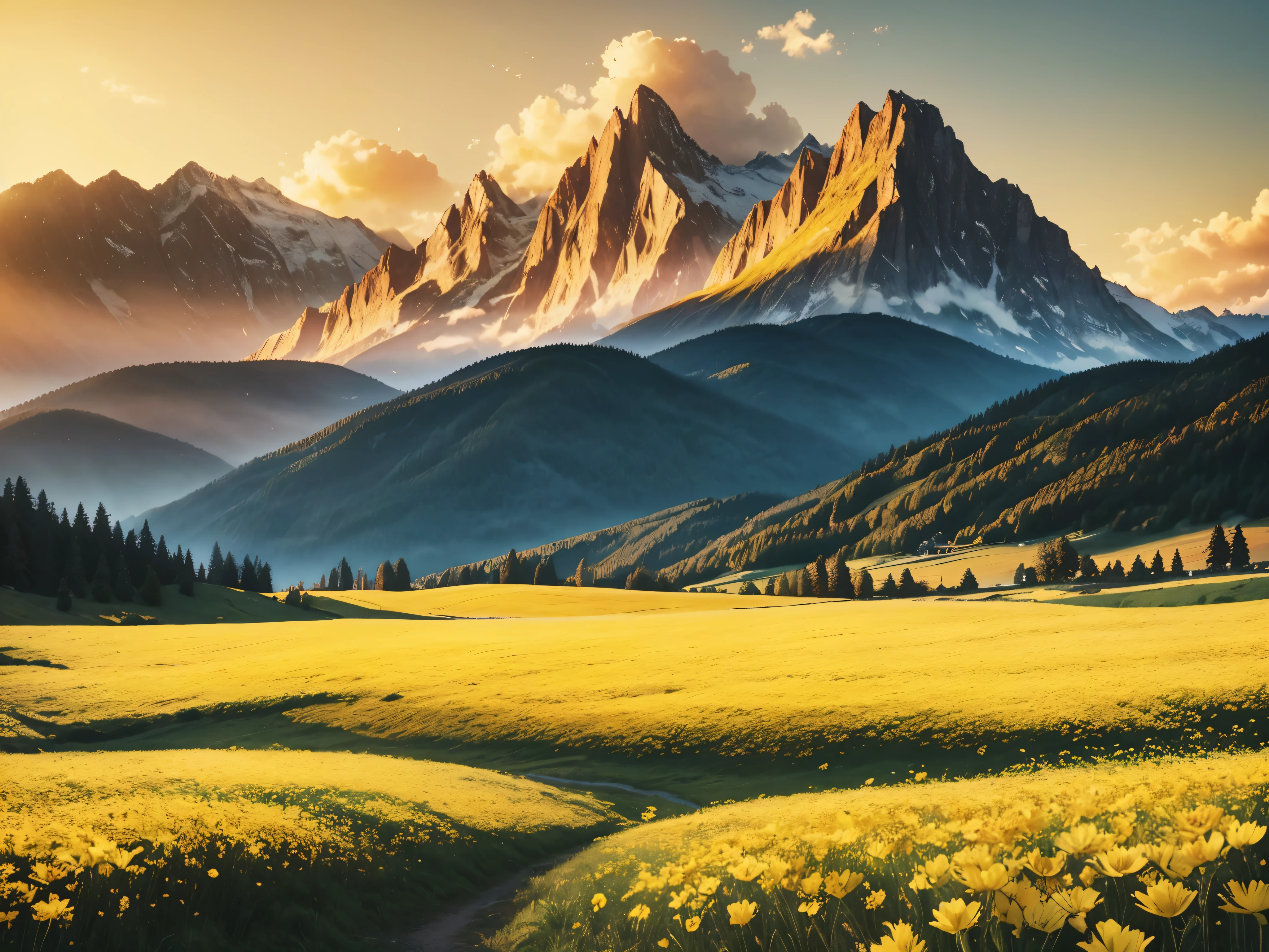 a close up of a field of flowers with a mountain in the background, stunning nature in background, warm beautiful scene, beatiful mountain background, natural landscape beauty, majestic nature scenery, heavenly landscape, yellow radiant magic, really beautiful nature, yellow mist, very beautiful photo, nature wallpaper, breathtaking landscape, golden morning light, beautiful wallpaper, yellow sky, golden rays of sunlight