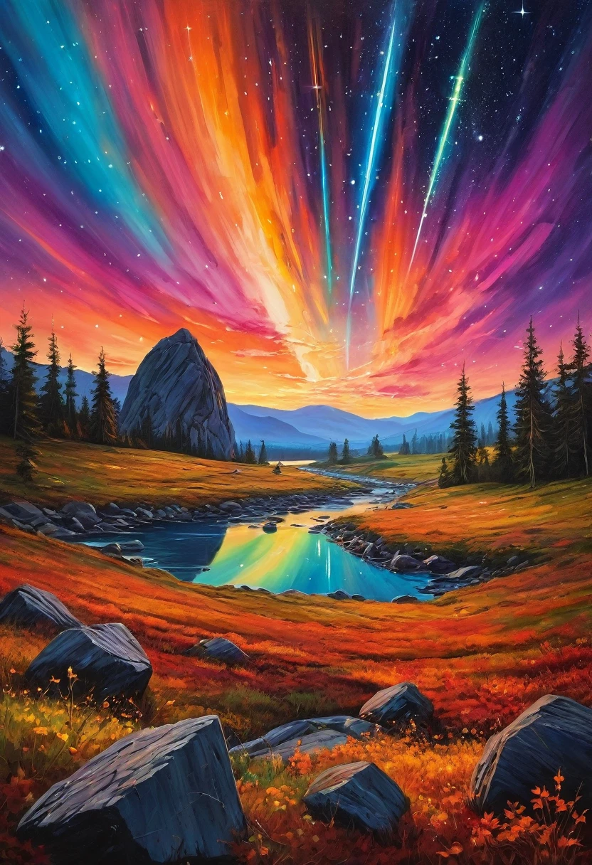 surreal landscape, falling meteors, colorful sky,