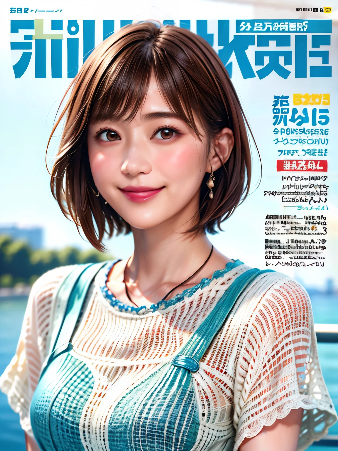 235 20-year-old female, short hair, Summer travel magazine, A kind smile, lipstick, Photo quality, Ultra-realistic