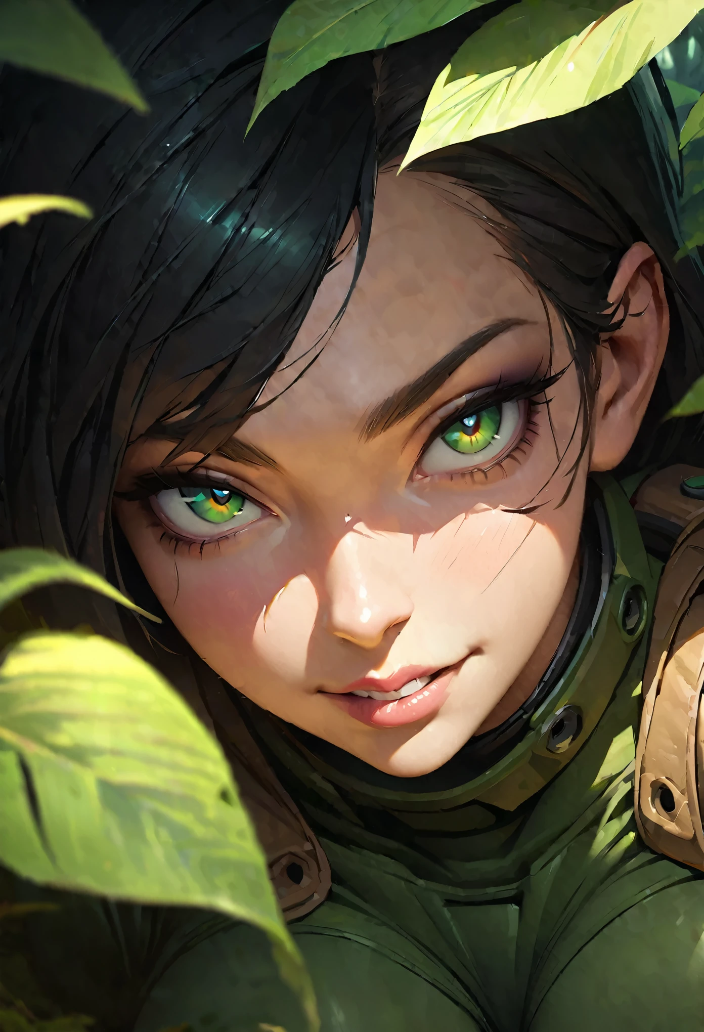 ((masterpiece)),((best quality)),illustration,(beautiful detailed woman),(face focus,close up,portrait),long black hair,forehead,green eyes,angular eyes,sharp eyes,edgy eyes,piercing eyes,fierce eyes,biting lower lip,sultry look,seductive grin,(looking somewhere),large breasts,voluptuous breasts,(tight camouflage combat suit),(tight green combat pants),(emphasized body language),in a jungle,(sunlight filtering through leaves),((cinematic composition)),((trending on artstation)), highlight the subject