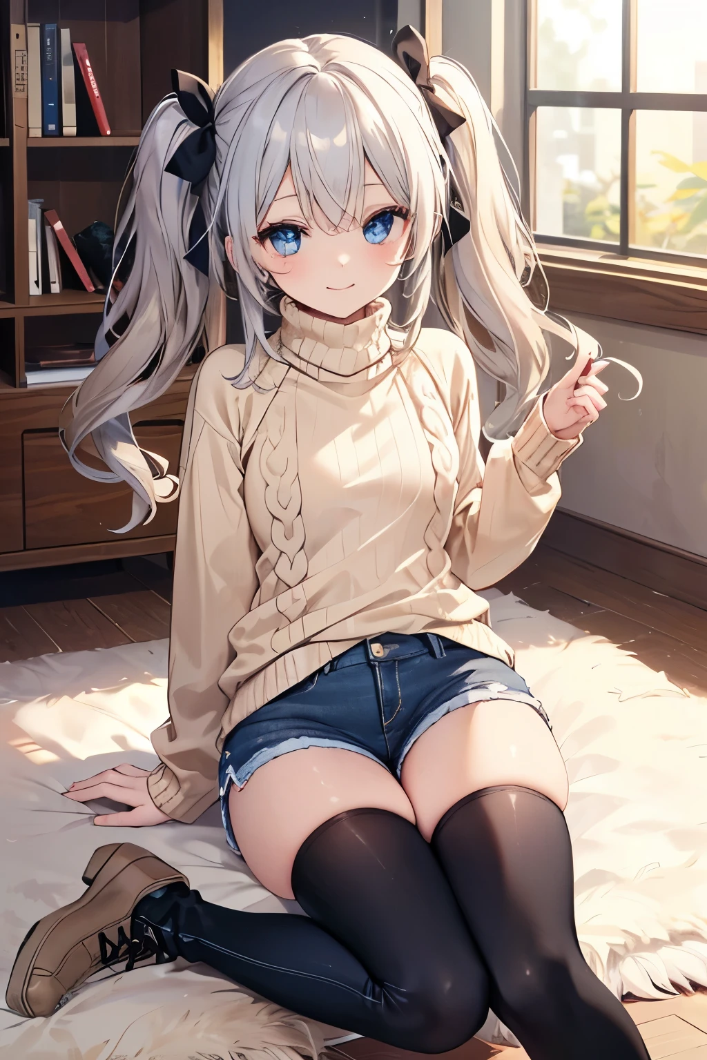 Silver Hair、Blue Eyes、girl、Small breasts、Twin tails、girl、Small breasts、Lolita、Bright smile、Looks about 15 years old、Petan Musume、short、目のhighlight、Sexy thighs、(Long knit sweater with beige high neck:1.4), ,(Blue jeans fabric shorts),(Black boots)、(Small Black Enamel Bag)、Your eyes are so beautiful、highlight