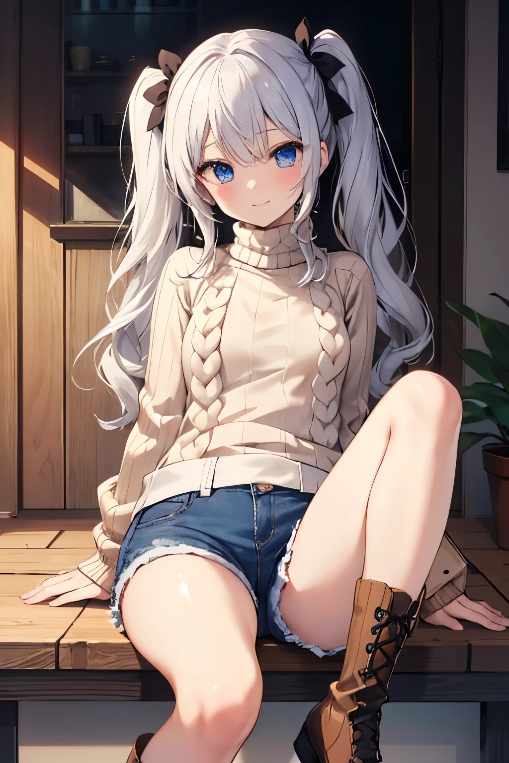 Silver Hair、Blue Eyes、girl、Small breasts、Twin tails、girl、Small breasts、Lolita、Bright smile、Looks about 15 years old、Petan Musume、short、目のhighlight、Sexy thighs、(Long knit sweater with beige high neck:1.4), ,(Blue jeans fabric shorts),(Black boots)、(Small Black Enamel Bag)、Your eyes are so beautiful、highlight